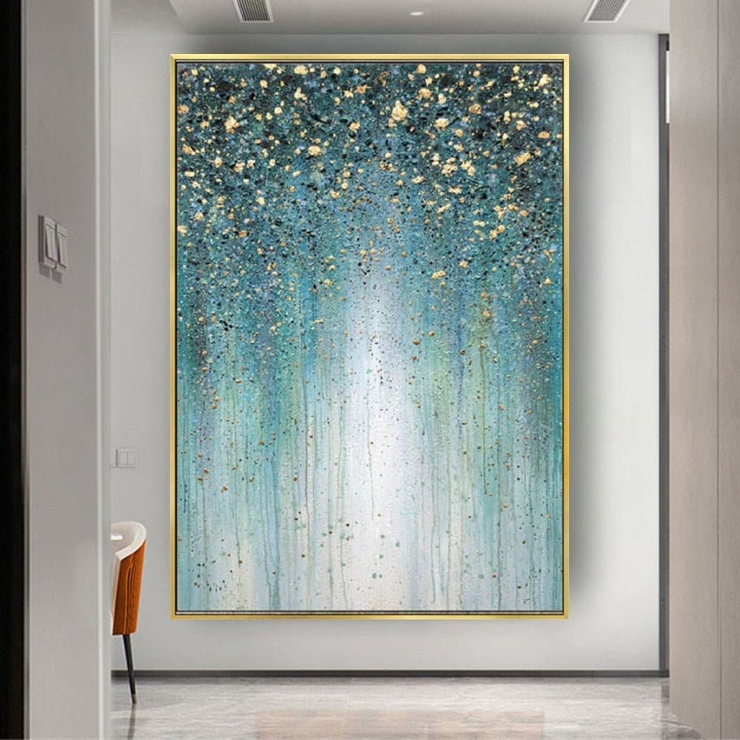 Modern Gold Blue Textured Hand Painted Drip Art