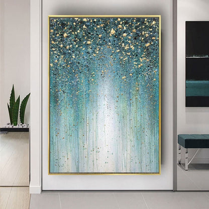 Modern Gold Blue Textured Hand Painted Drip Art