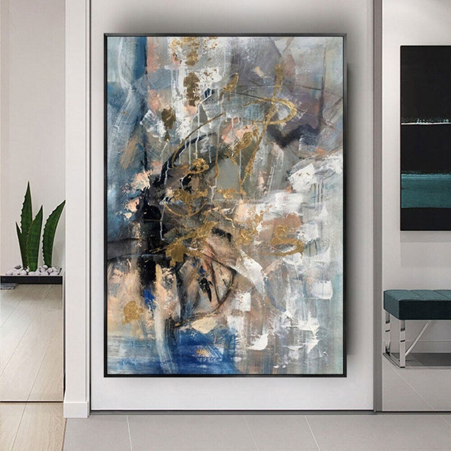 Abstract Blue Gold Textured Minimalist Painting