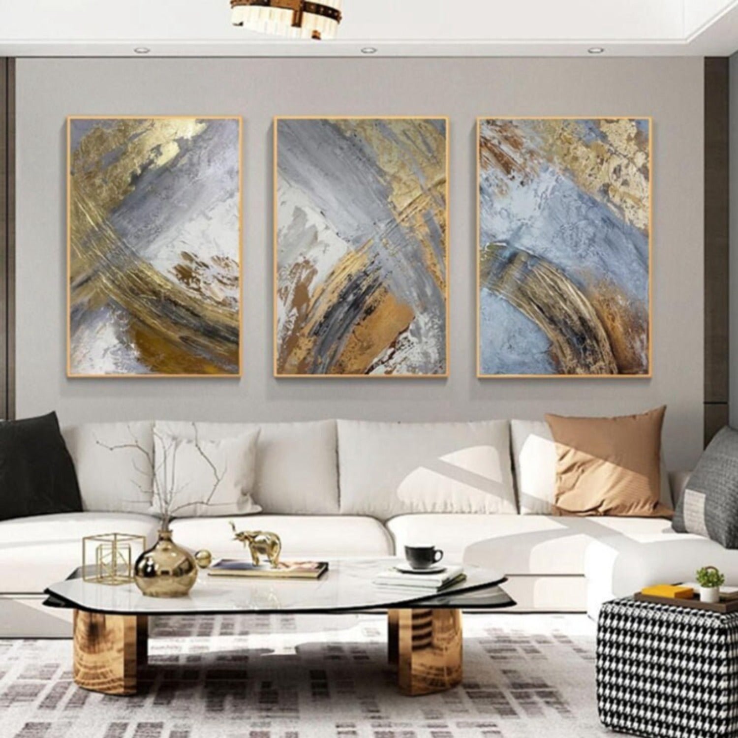 Grey Gold Marble Effect Set of 3 Hand Painted Art