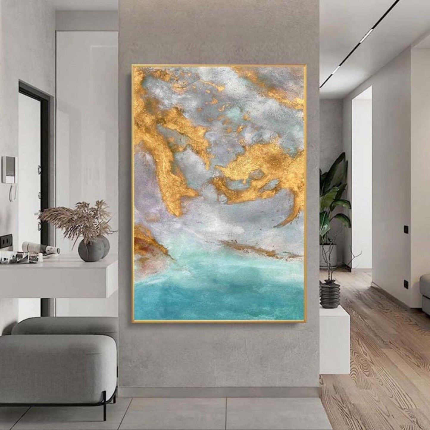 Light Blue and Gold Abstract Ocean Oil Painting