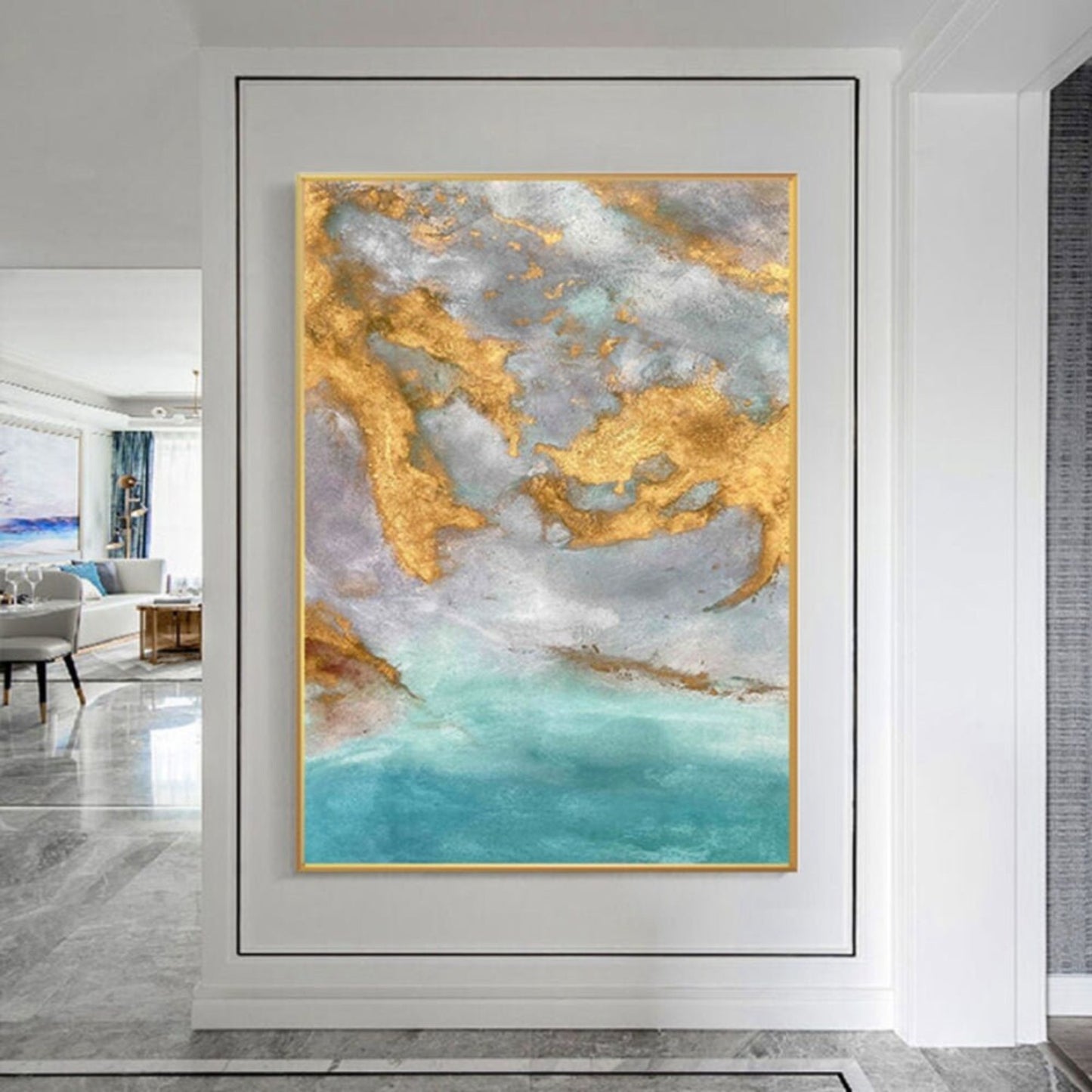 Light Blue and Gold Abstract Ocean Oil Painting