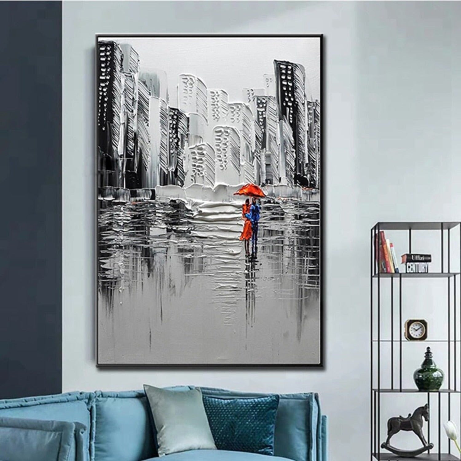 Walking Couple in Rain 100% Hand Painted Cityscape