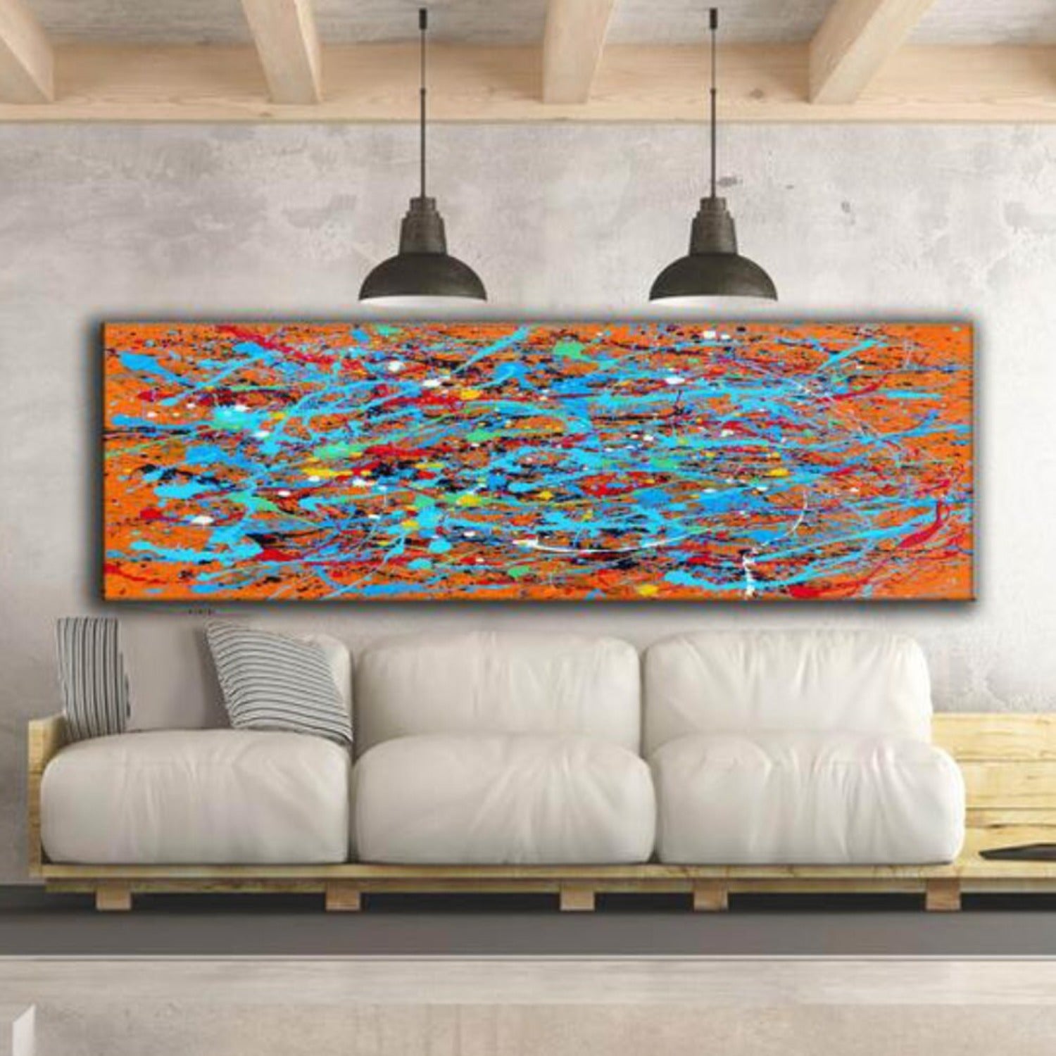 Large Orange Light Blue Abstract Pollock Painting