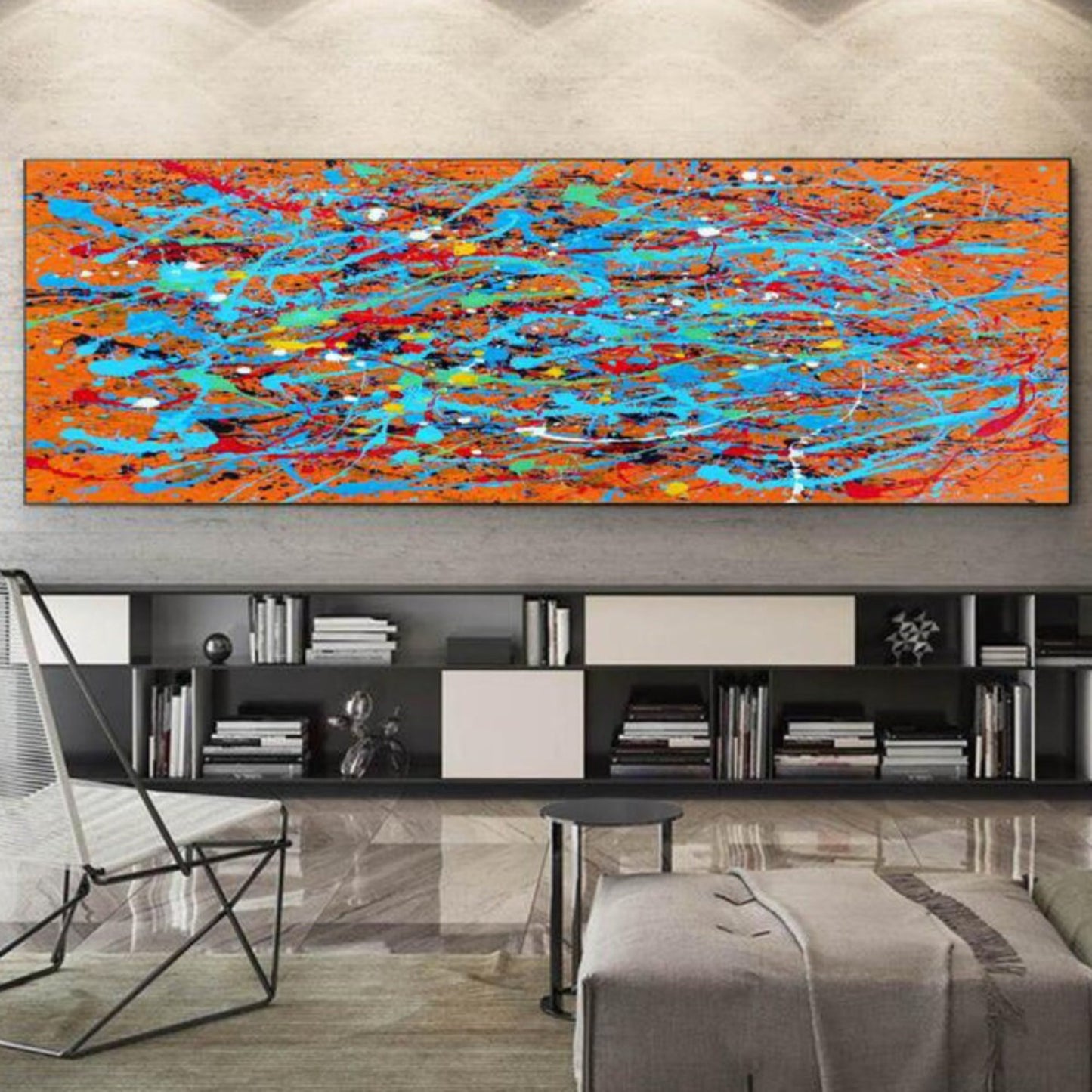 Large Orange Light Blue Abstract Pollock Painting