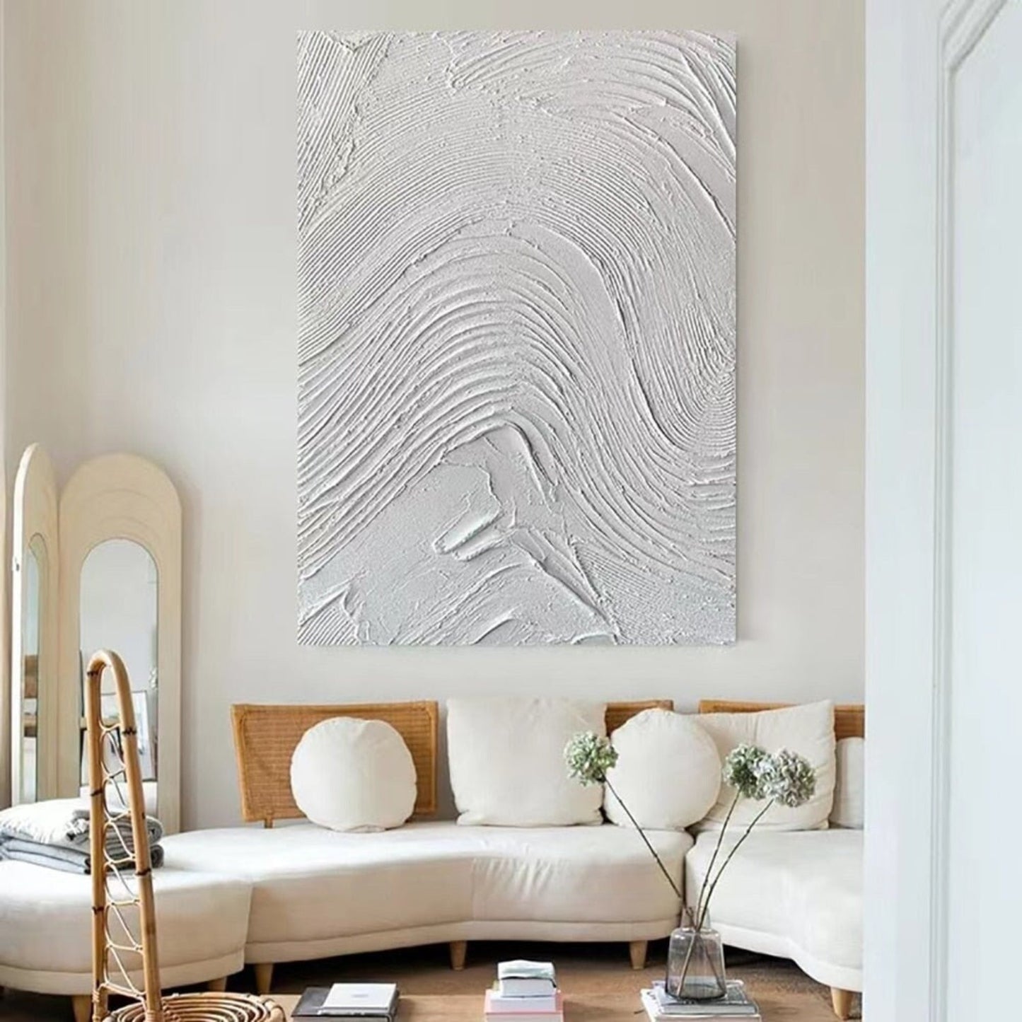 Concrete Style White Waves 3D Textured Painting