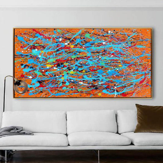 Large Orange Light Blue Abstract Pollock Painting