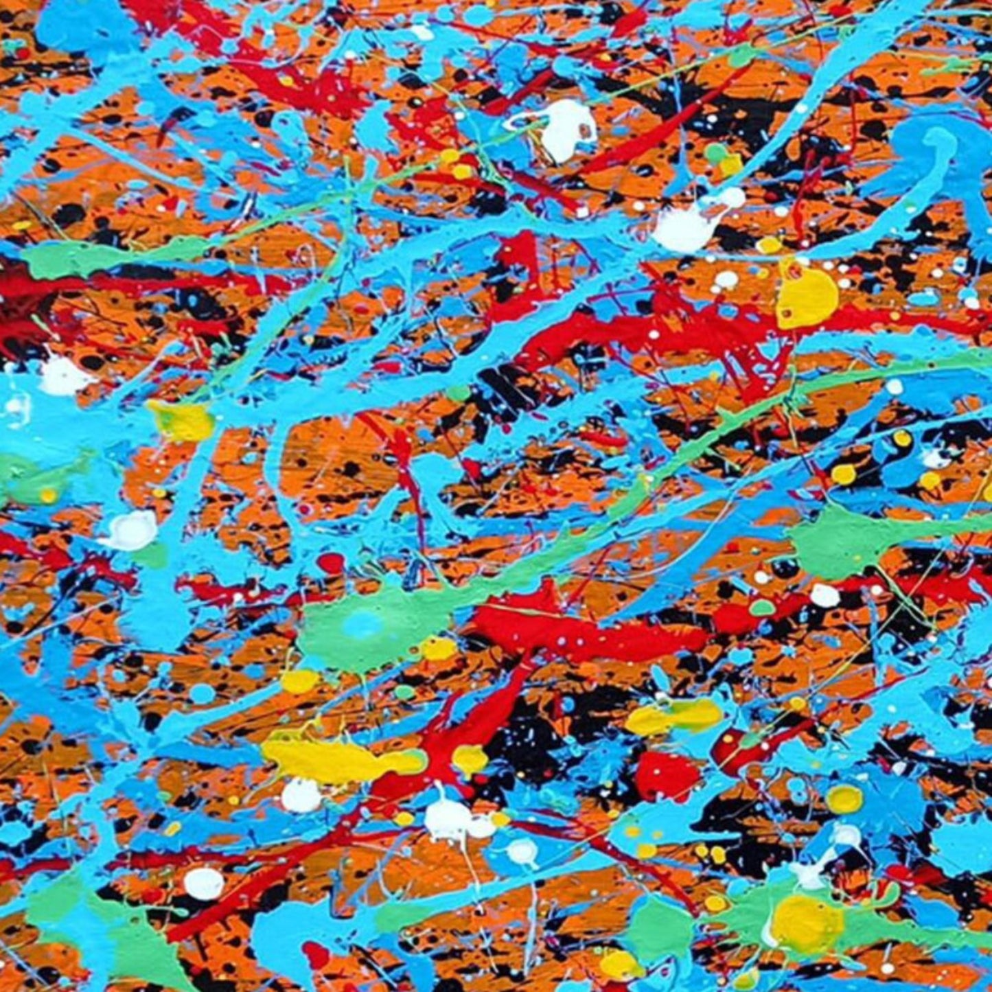 Large Orange Light Blue Abstract Pollock Painting