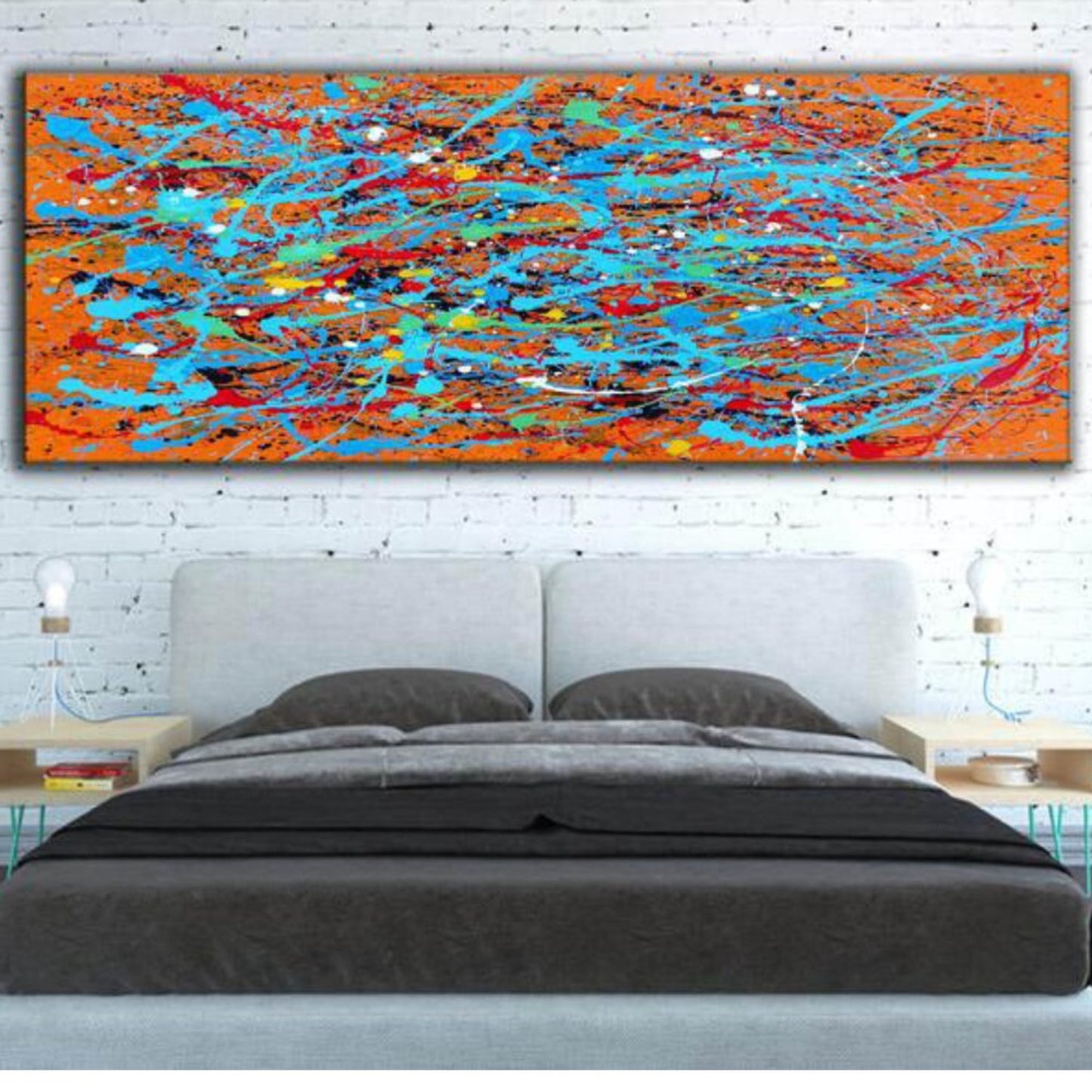 Large Orange Light Blue Abstract Pollock Painting