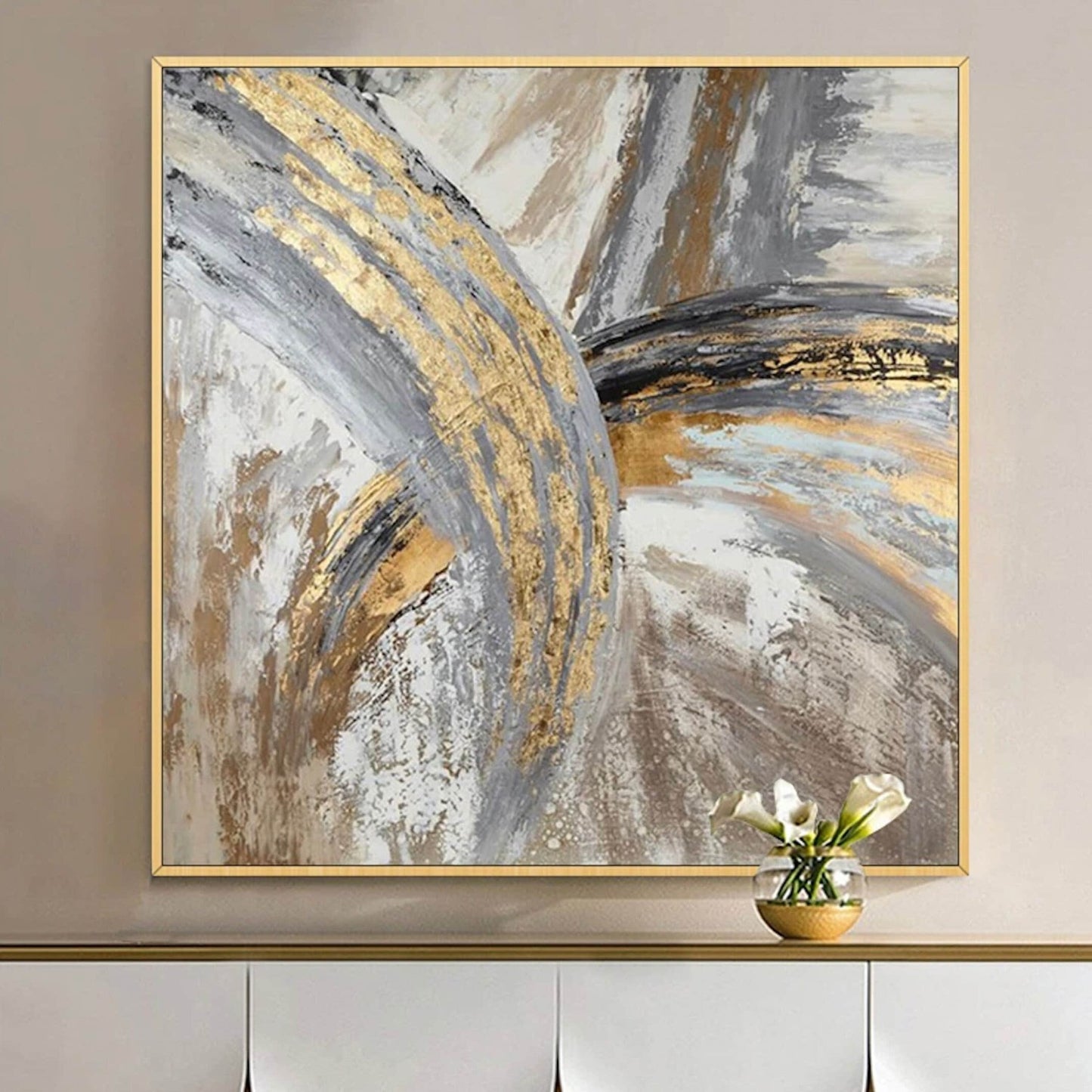 Abstract Gold Grey Crossroads 3D Textured Painting