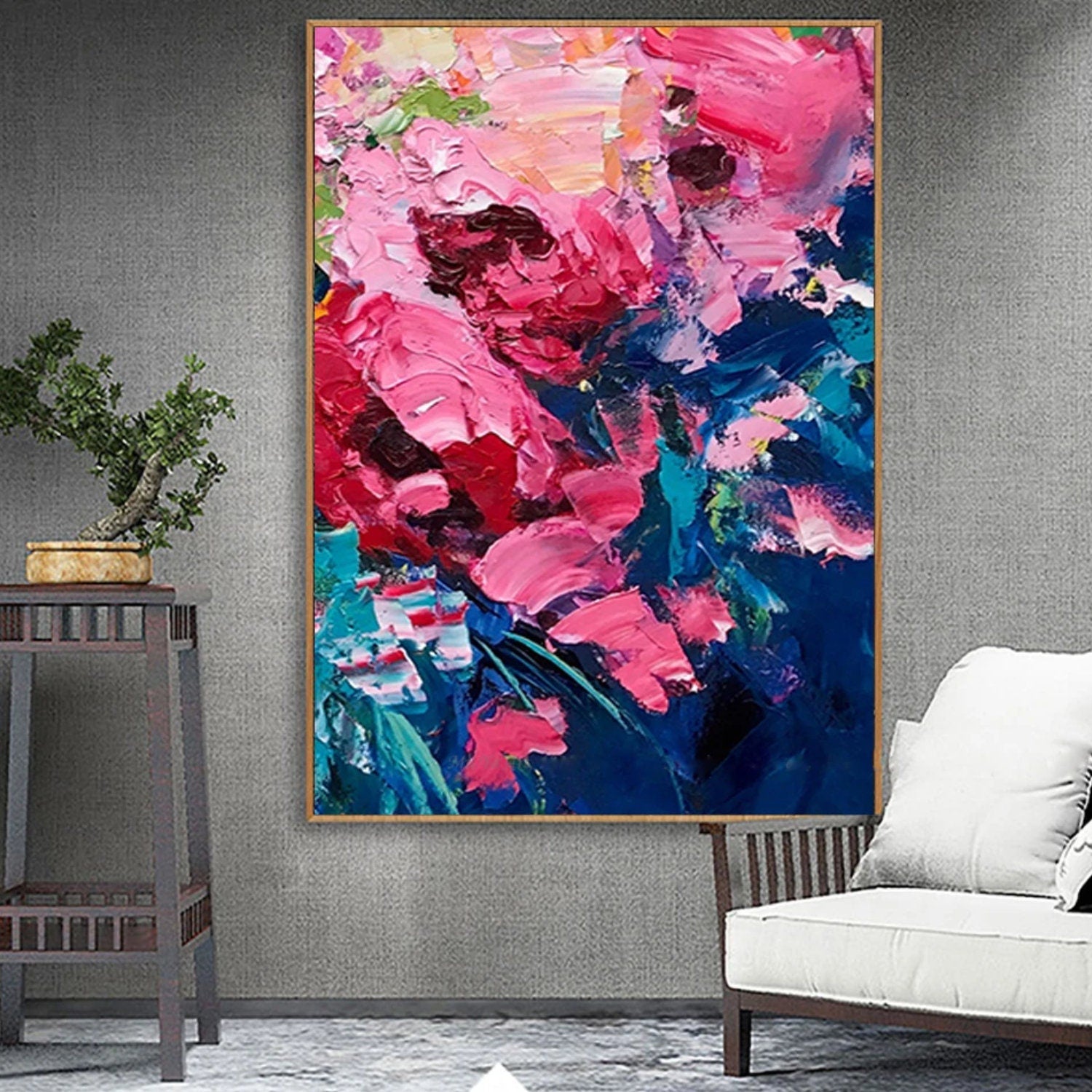 Pink Blue Heavy Textured Acrylic Palette Knife Art