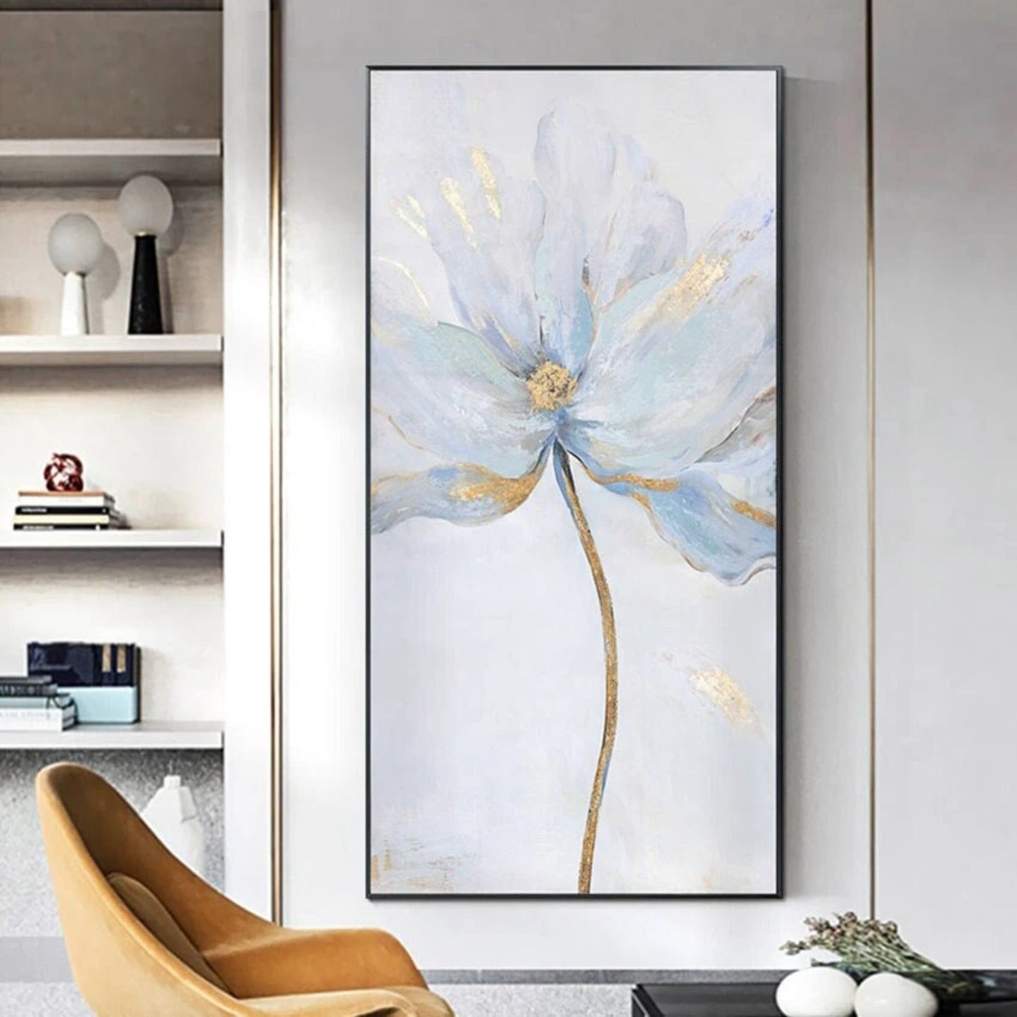 Graceful Light Blue 100% Hand Painted Floral Art