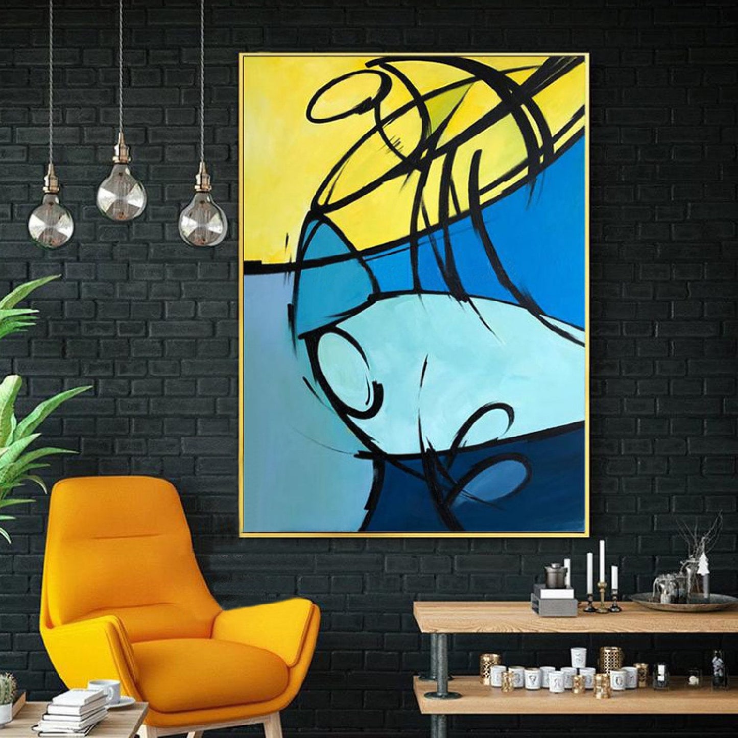 Blue Yellow 100% Hand Painted Minimalist Wall Art