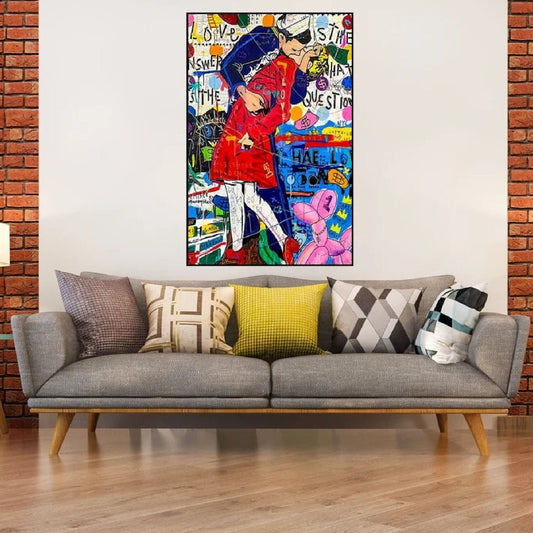 Room mockup. Kissing couple in a red coat and dark blue clothing amid bright graffiti, with a pink cartoon panther below.