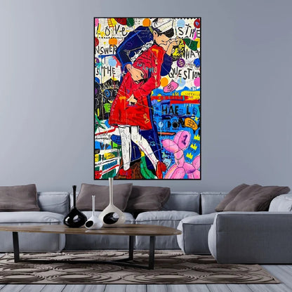 Room mockup. Kissing couple in a red coat and dark blue clothing amid bright graffiti, with a pink cartoon panther below.