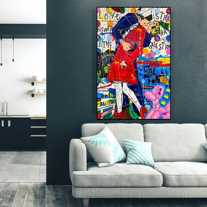 Room mockup. Kissing couple in a red coat and dark blue clothing amid bright graffiti, with a pink cartoon panther below.