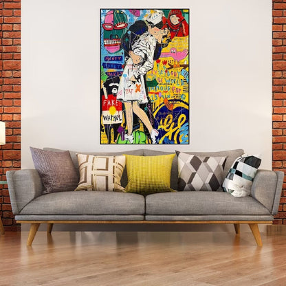 Room mockup. A sailor kissing a nurse in white amid yellow, pink, blue and green graffiti lettering and graphic faces.