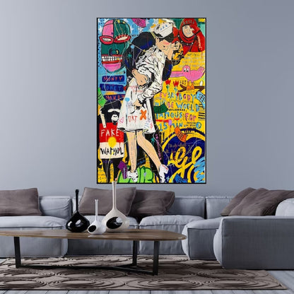 Room mockup. A sailor kissing a nurse in white amid yellow, pink, blue and green graffiti lettering and graphic faces.