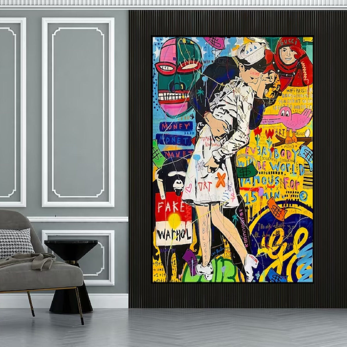 Room mockup. A sailor kissing a nurse in white amid yellow, pink, blue and green graffiti lettering and graphic faces.