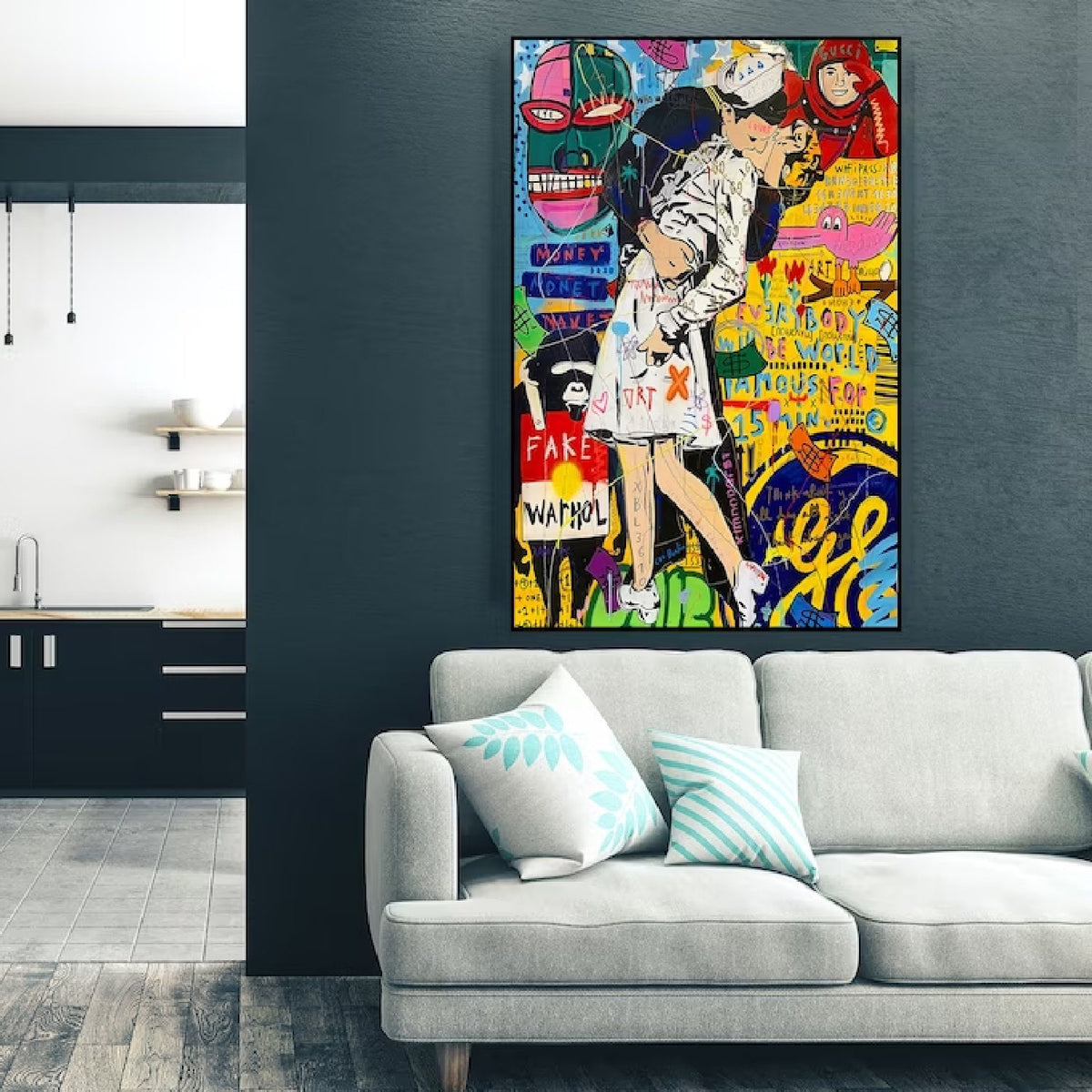 Room mockup. A sailor kissing a nurse in white amid yellow, pink, blue and green graffiti lettering and graphic faces.