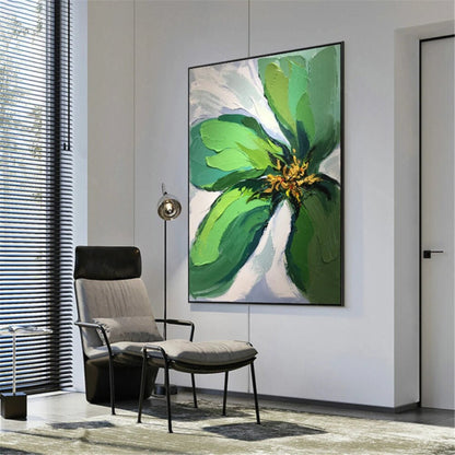 Room mockup. A large green flower with broad layered petals and a yellow-dark centre against pale white and grey strokes.