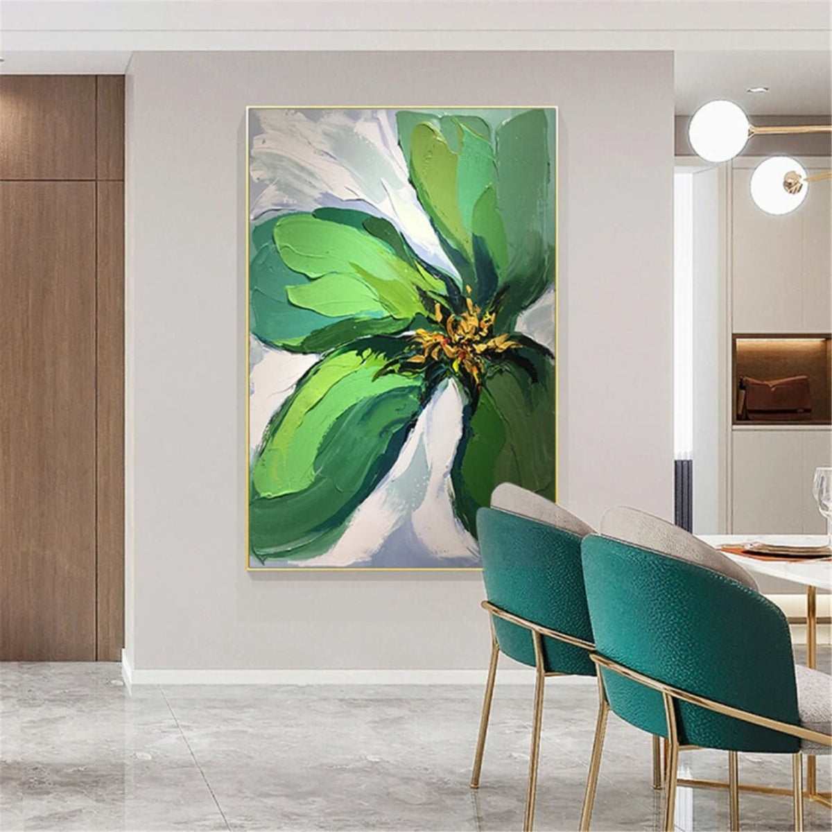 Room mockup. A large green flower with broad layered petals and a yellow-dark centre against pale white and grey strokes.