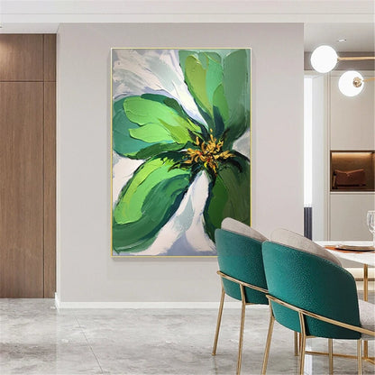 Room mockup. A large green flower with broad layered petals and a yellow-dark centre against pale white and grey strokes.