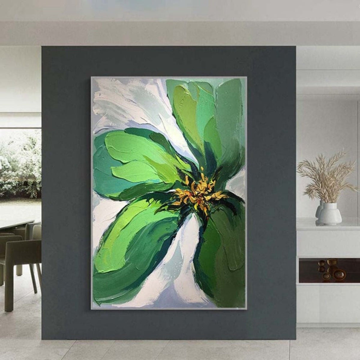Room mockup. A large green flower with broad layered petals and a yellow-dark centre against pale white and grey strokes.