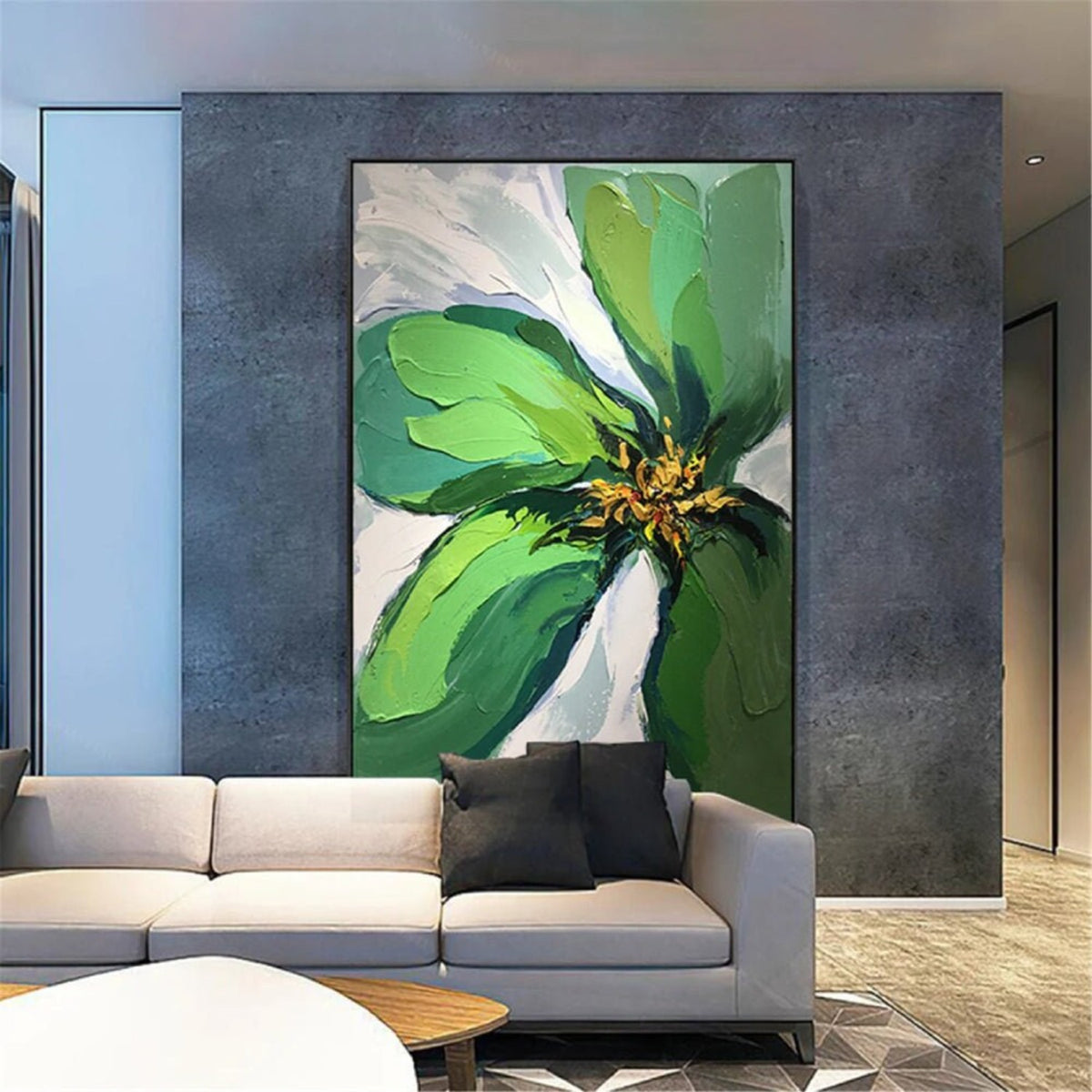 Room mockup. A large green flower with broad layered petals and a yellow-dark centre against pale white and grey strokes.