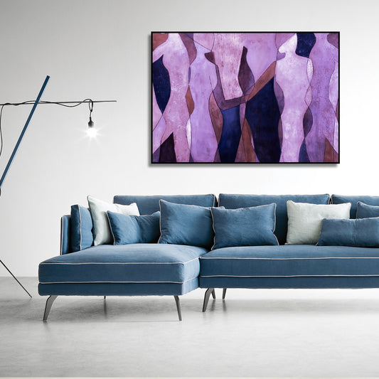 Room mockup showing lavender and purple abstract figures with angular bodies against deep purple and dark blue shapes.