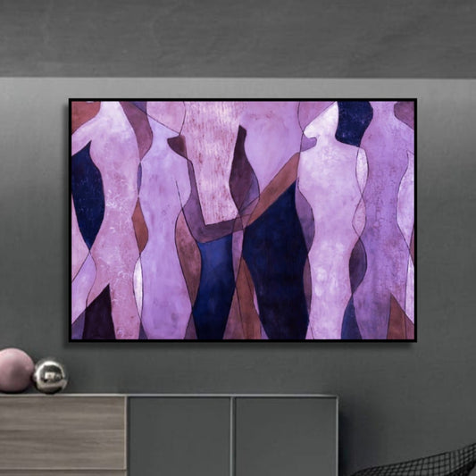Room mockup showing lavender and purple abstract figures with angular bodies against deep purple and dark blue shapes.