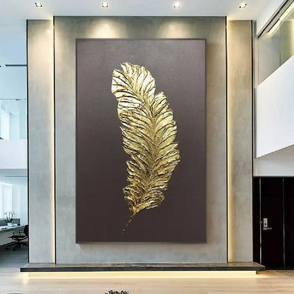 Luxury 3D Textured Gold Feather Vertical Painting