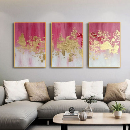 Room mockup. Three-panel artwork with magenta fading into white and textured gold-coloured central patches.