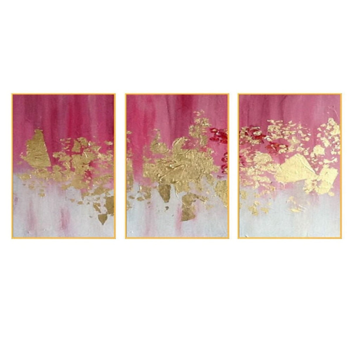 Three-panel artwork with magenta fading into white and textured gold-coloured central patches.