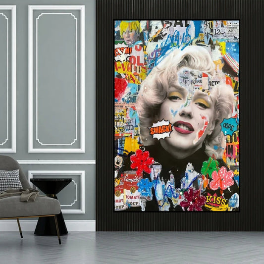 Room mockup. Marilyn Monroe portrait with pale blonde curls and red lips surrounded by dense colourful graffiti and flowers.