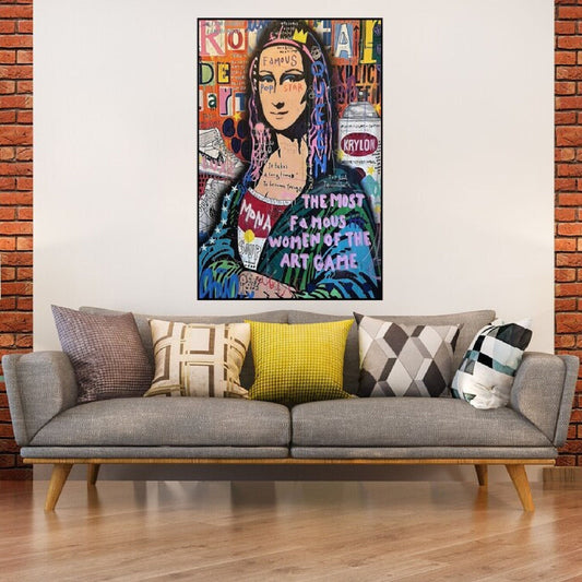Room mockup. Mona Lisa portrait in dark green clothing amid vivid graffiti lettering, with large pale words across her chest.