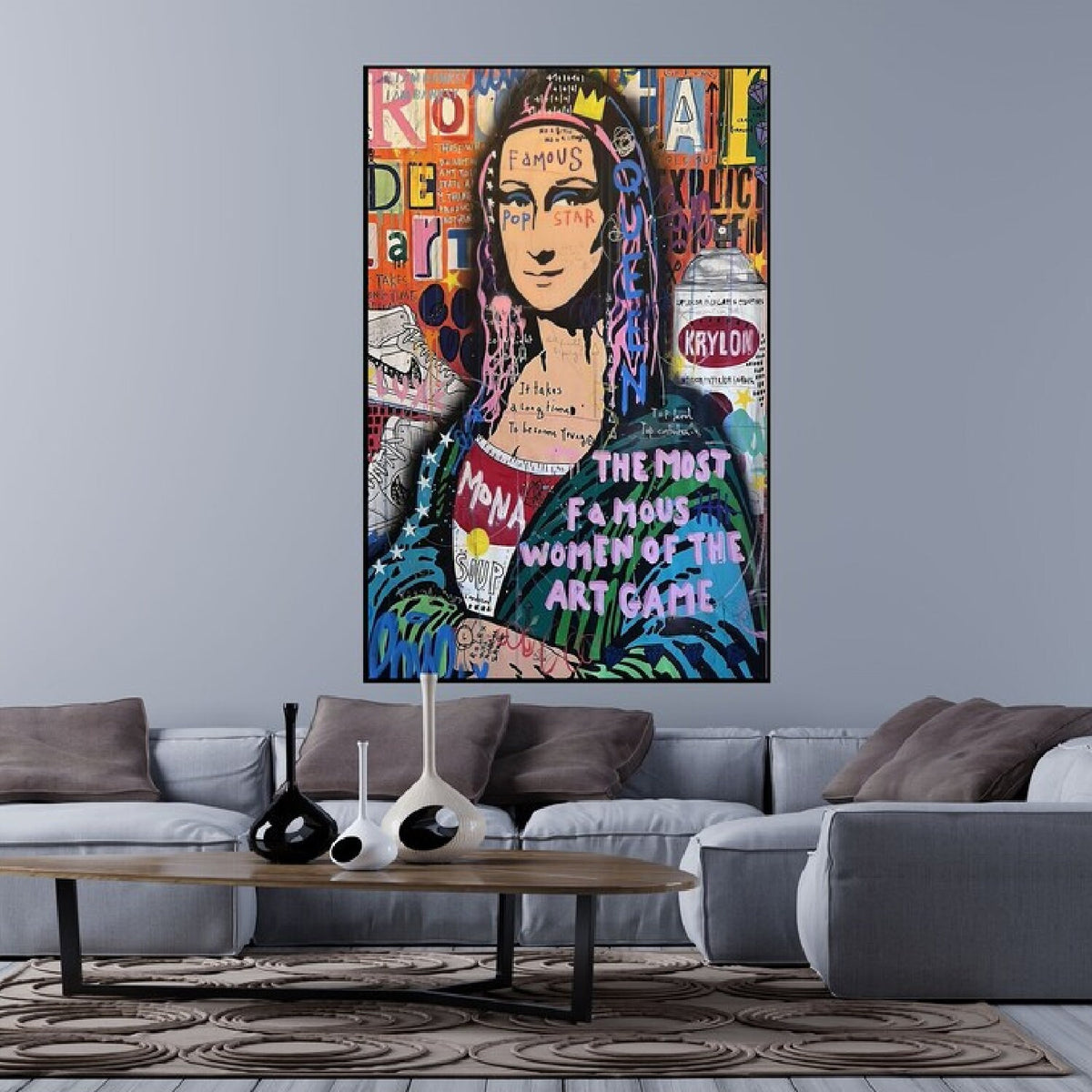 Room mockup. Mona Lisa portrait in dark green clothing amid vivid graffiti lettering, with large pale words across her chest.