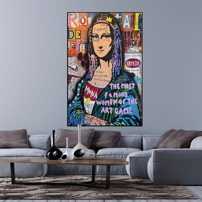 Room mockup. Mona Lisa portrait in dark green clothing amid vivid graffiti lettering, with large pale words across her chest.