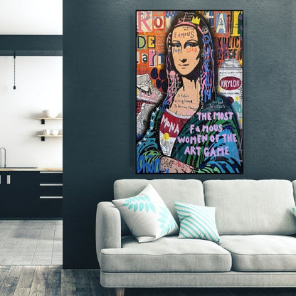 Room mockup. Mona Lisa portrait in dark green clothing amid vivid graffiti lettering, with large pale words across her chest.