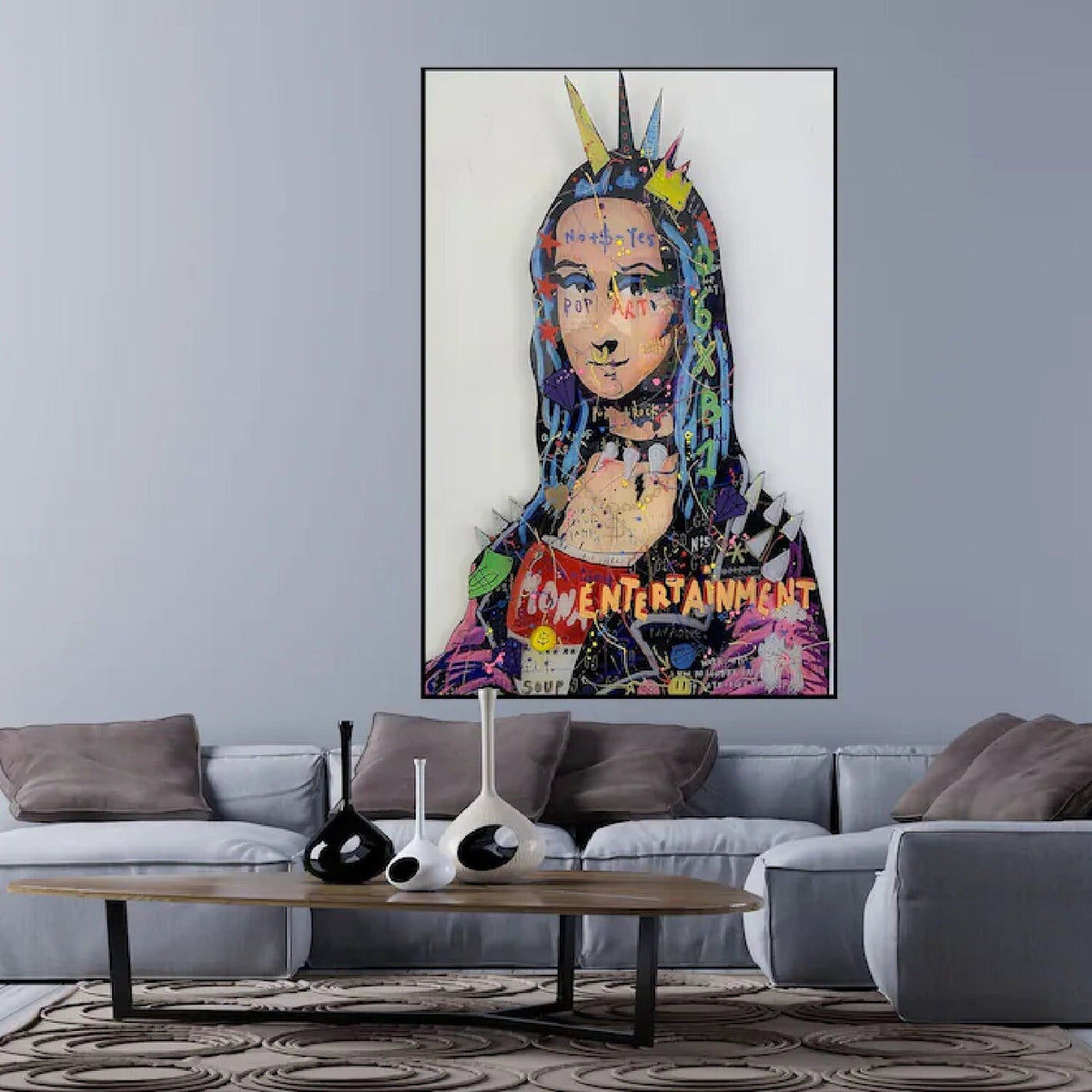 Room mockup. Mona Lisa portrait with a pointed crown, colourful graffiti marks and lettering against a white background.