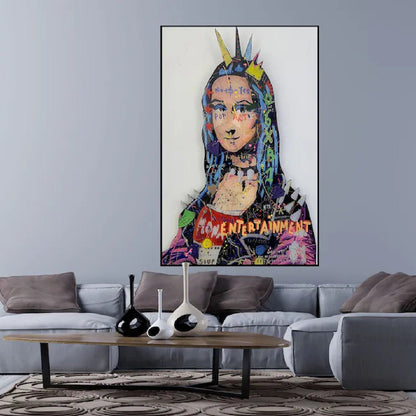 Room mockup. Mona Lisa portrait with a pointed crown, colourful graffiti marks and lettering against a white background.