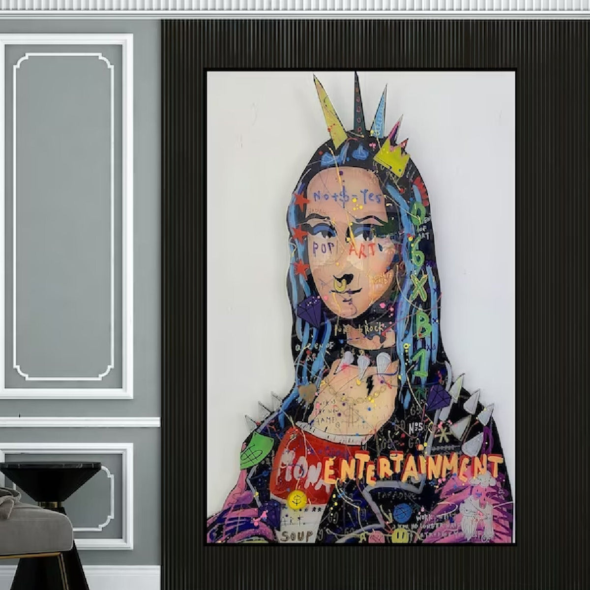Room mockup. Mona Lisa portrait with a pointed crown, colourful graffiti marks and lettering against a white background.