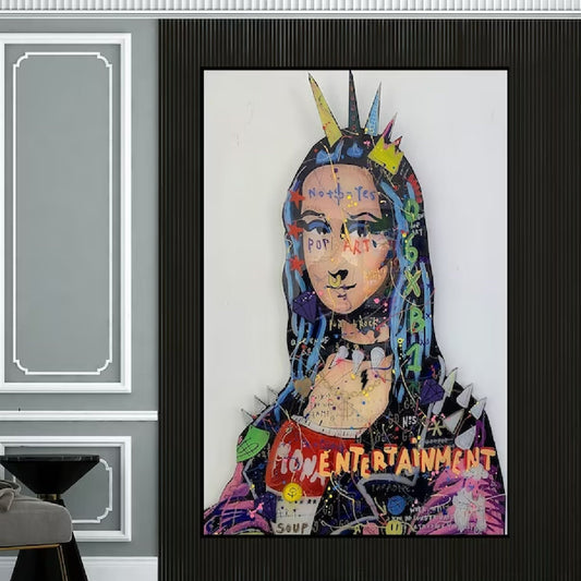 Room mockup. Mona Lisa portrait with a pointed crown, colourful graffiti marks and lettering against a white background.