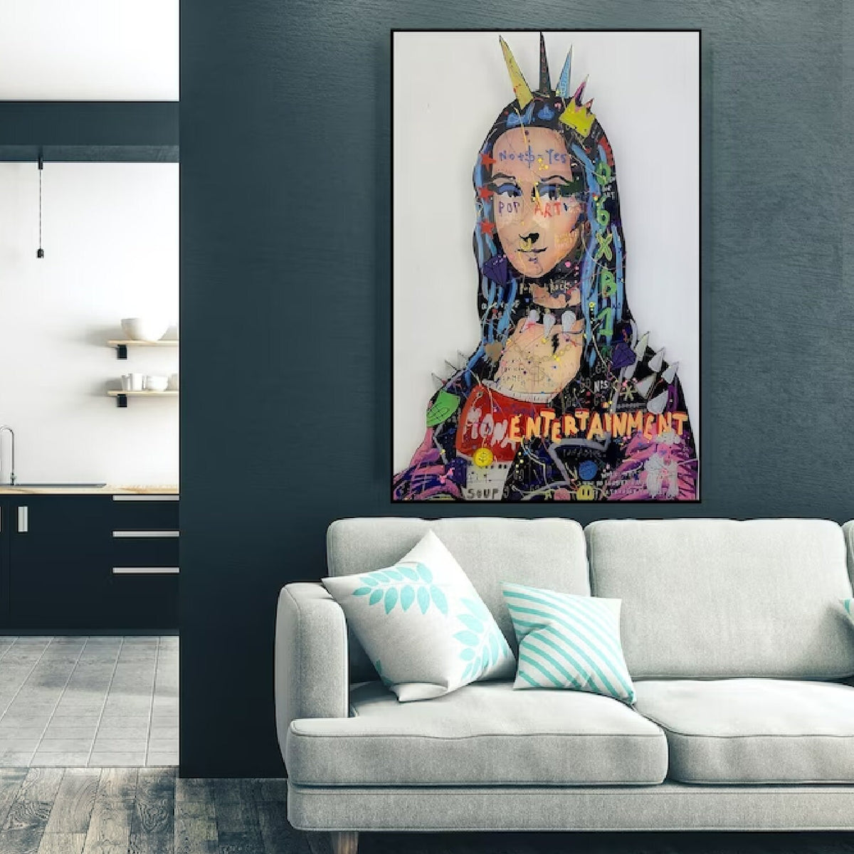 Room mockup. Mona Lisa portrait with a pointed crown, colourful graffiti marks and lettering against a white background.