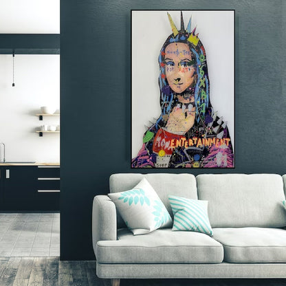 Room mockup. Mona Lisa portrait with a pointed crown, colourful graffiti marks and lettering against a white background.