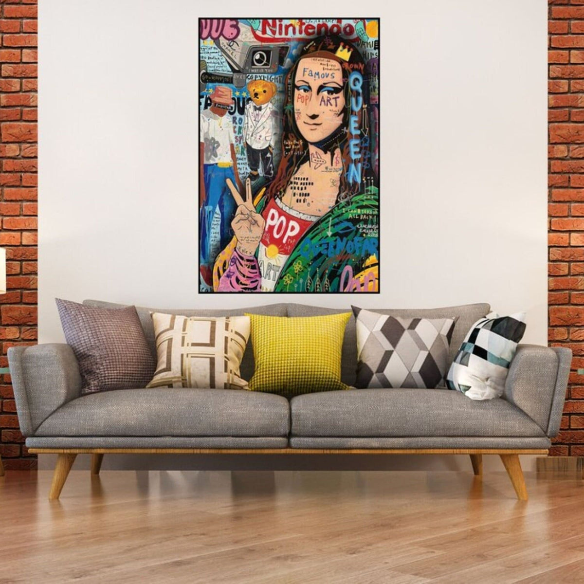 Room mockup. Mona Lisa making a peace sign, with green clothing and pink sleeves amid colourful graffiti and graphic symbols.