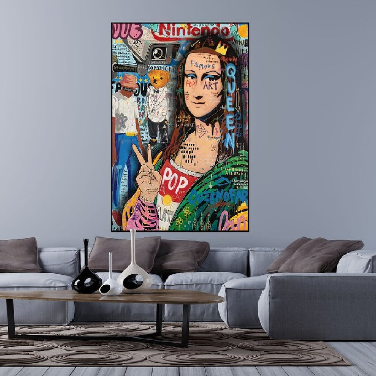 Room mockup. Mona Lisa making a peace sign, with green clothing and pink sleeves amid colourful graffiti and graphic symbols.