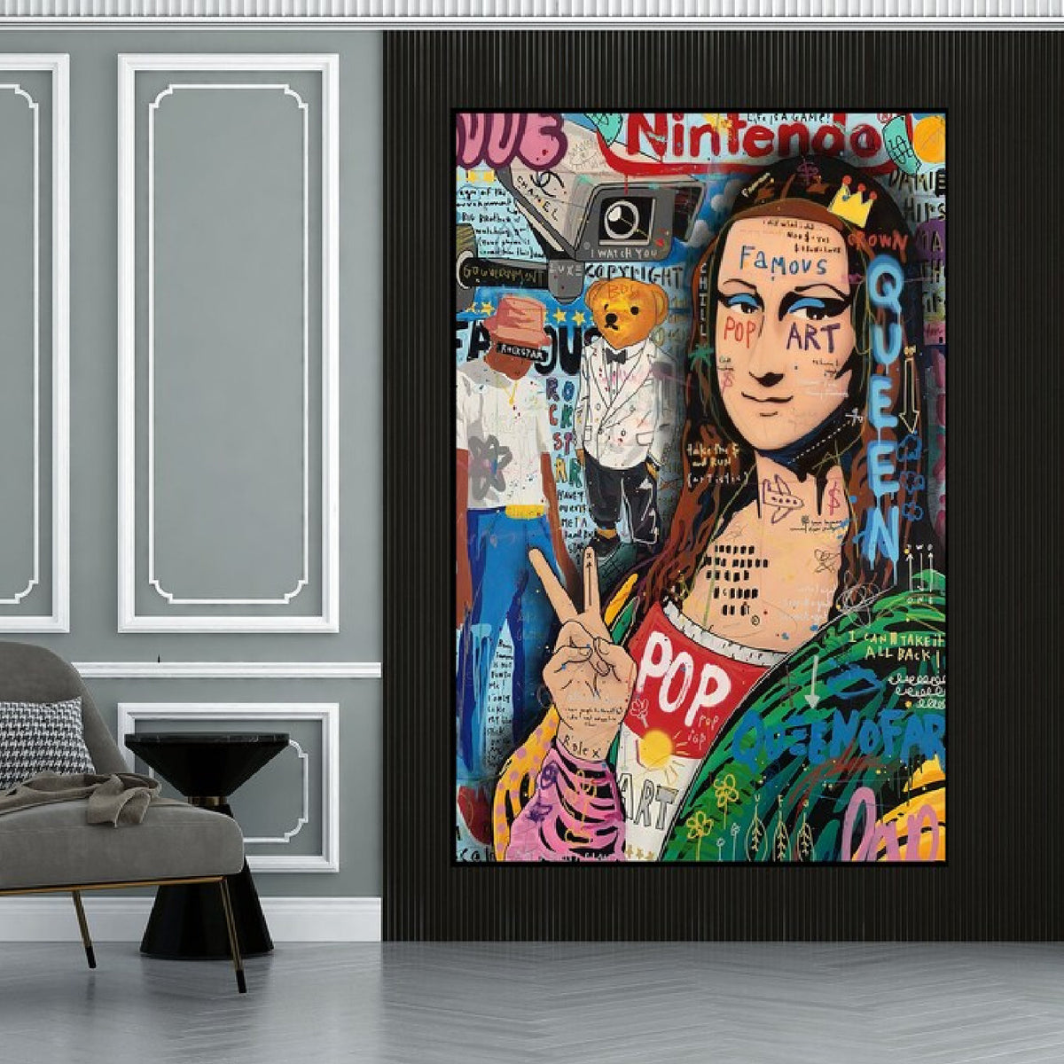 Room mockup. Mona Lisa making a peace sign, with green clothing and pink sleeves amid colourful graffiti and graphic symbols.