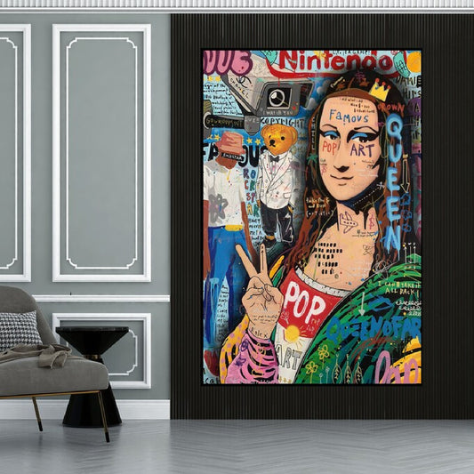 Room mockup. Mona Lisa making a peace sign, with green clothing and pink sleeves amid colourful graffiti and graphic symbols.