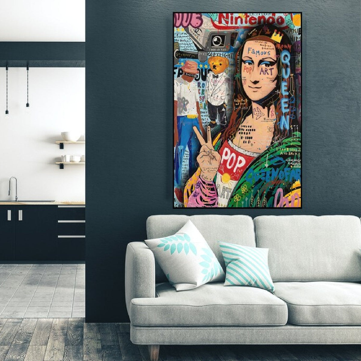 Room mockup. Mona Lisa making a peace sign, with green clothing and pink sleeves amid colourful graffiti and graphic symbols.